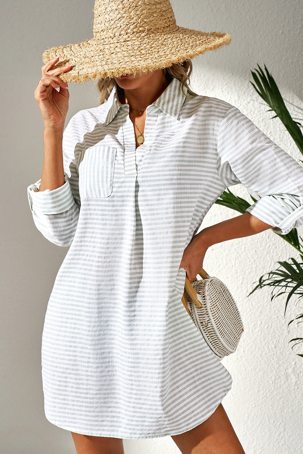 White Stripe Collared V Neck Chest Pocket Long Sleeve Beach Cover up