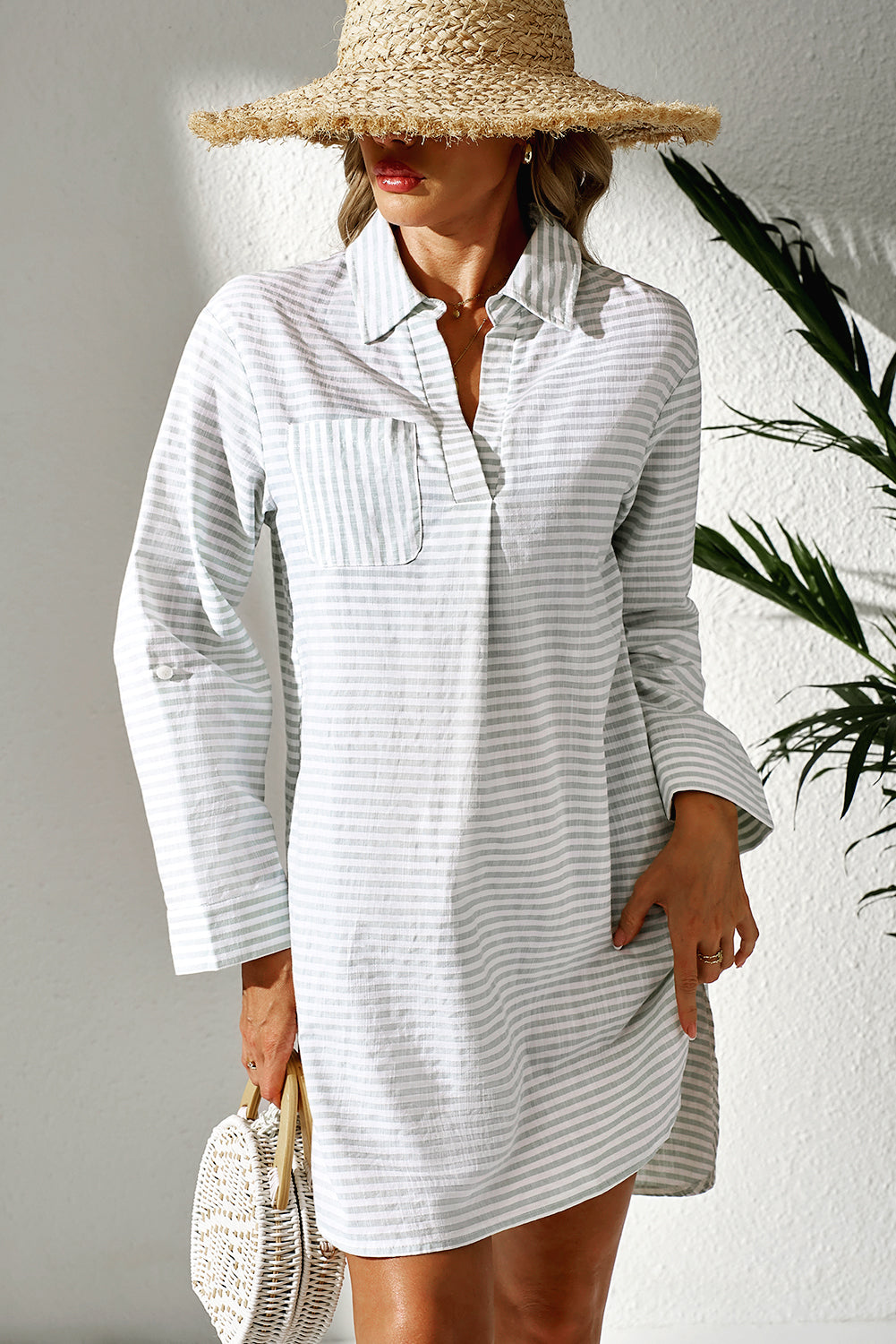 White Stripe Collared V Neck Chest Pocket Long Sleeve Beach Cover up