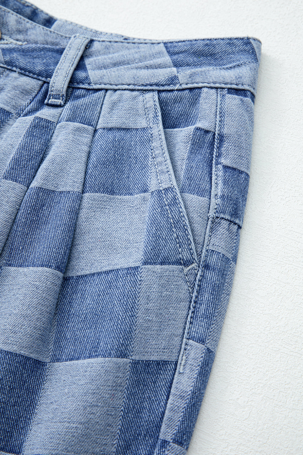 Dusk Blue Checkered Denim Wide Leg Jeans