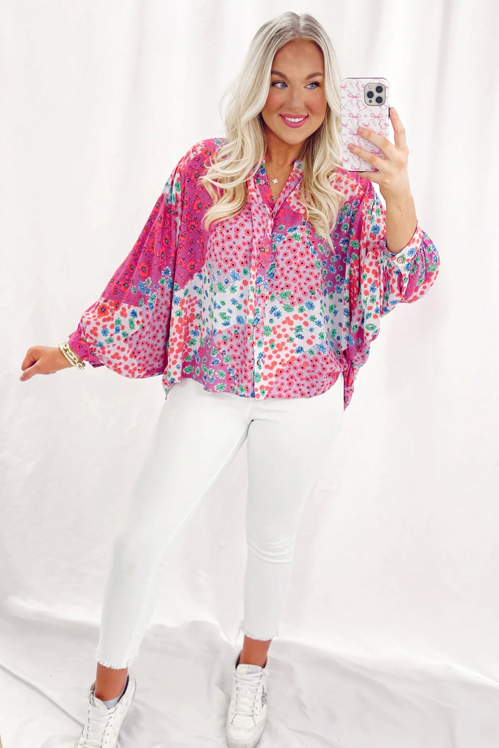 Rose Red Floral Allover Print Buttoned V Neck Oversized Shirt