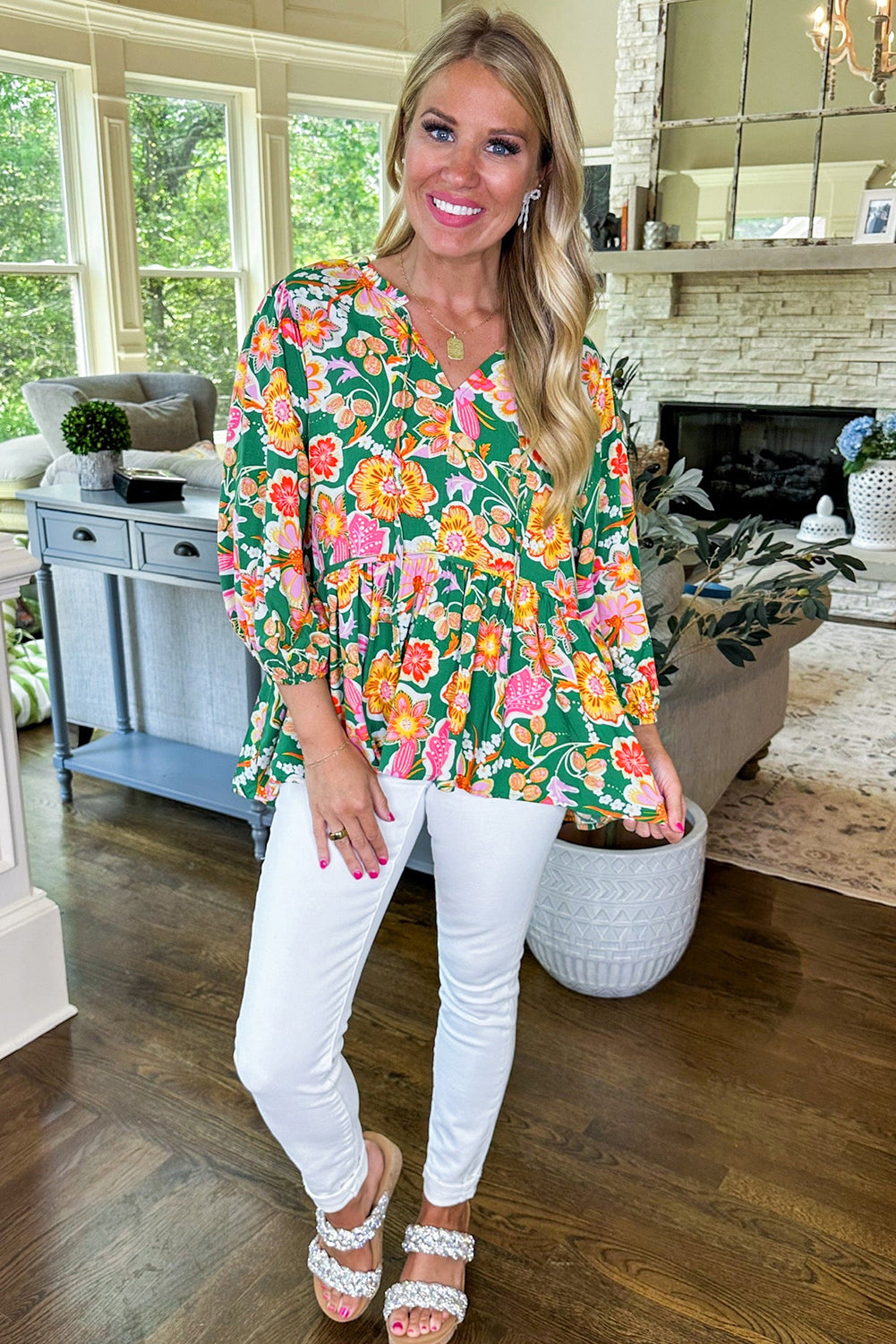 Green Floral Puff Sleeve V Neck Peplum Blouse